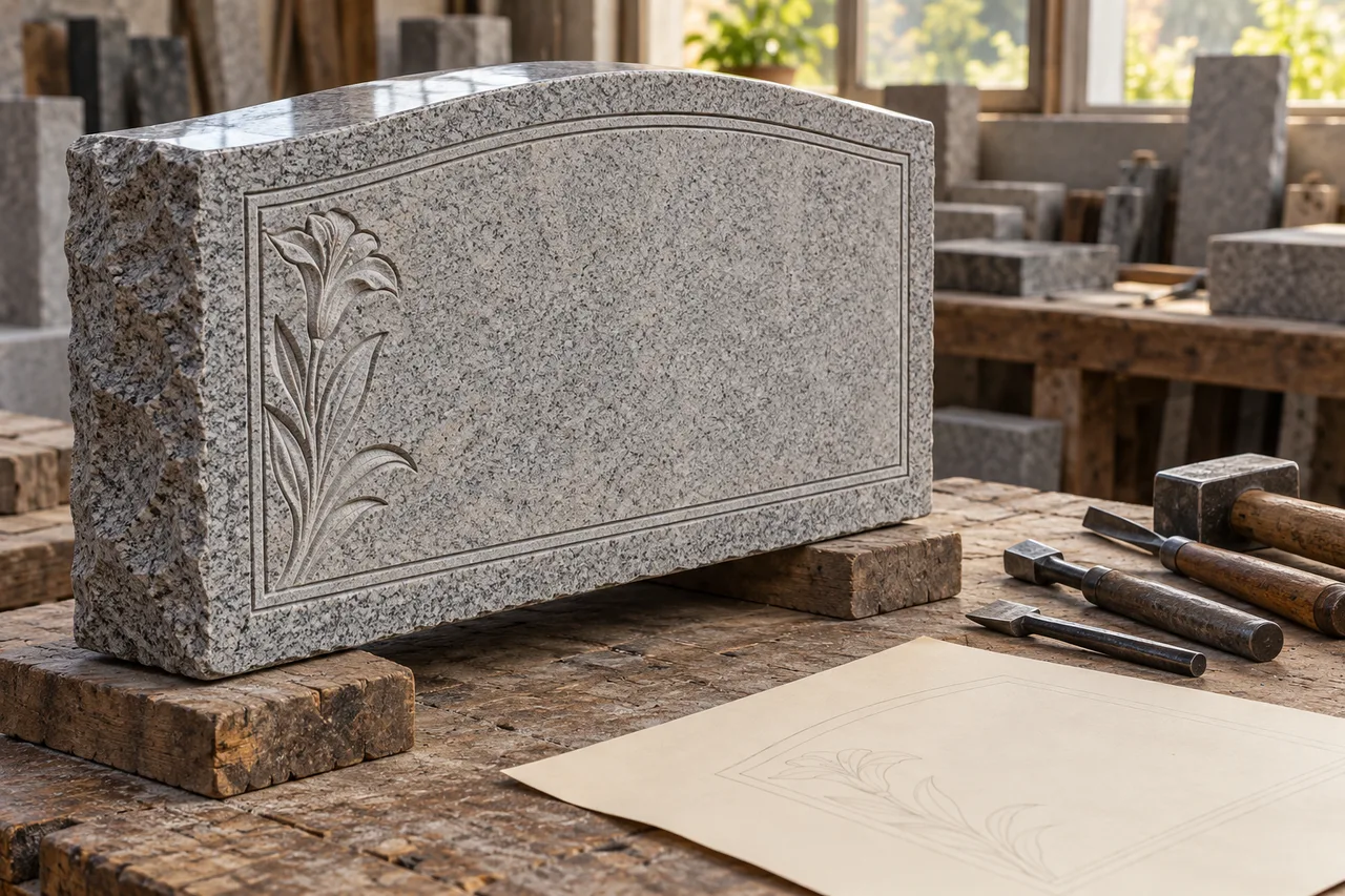 AI-created scene of a blank gray granite tablet with a floral relief and double-line panel on a workshop bench beside hand tools.